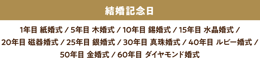 結婚記念日［1年目 紙婚式 / 5年目 木婚式 / 10年目 錫婚式 / 15年目 水晶式 / 20年目 磁器婚式 / 25年目 銀婚式 / 30年目 真珠婚式 / 40年目 ルビー婚式 / 50年目 金婚式 / 60年目 ダイヤモンド婚］