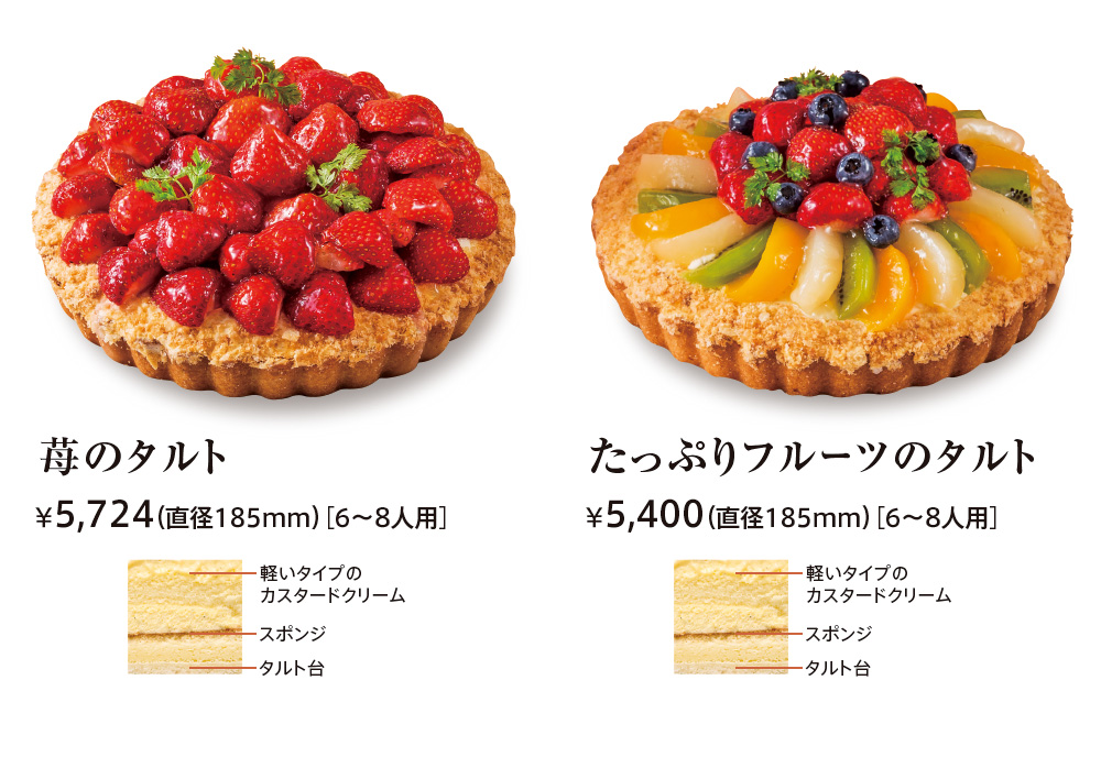 苺のタルト ¥5,724（直径185mm）［6〜8人用］ 軽いタイプのカスタードクリーム スポンジ タルト台 
							たっぷりフルーツのタルト ¥5,400（直径185mm）［6〜8人用］ 軽いタイプのカスタードクリーム スポンジ タルト台