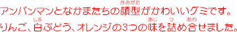 アンパンマンとなかまたちの顔型がかわいいグミです。りんご、白ぶどう、オレンジの3つの味を詰め合せました。