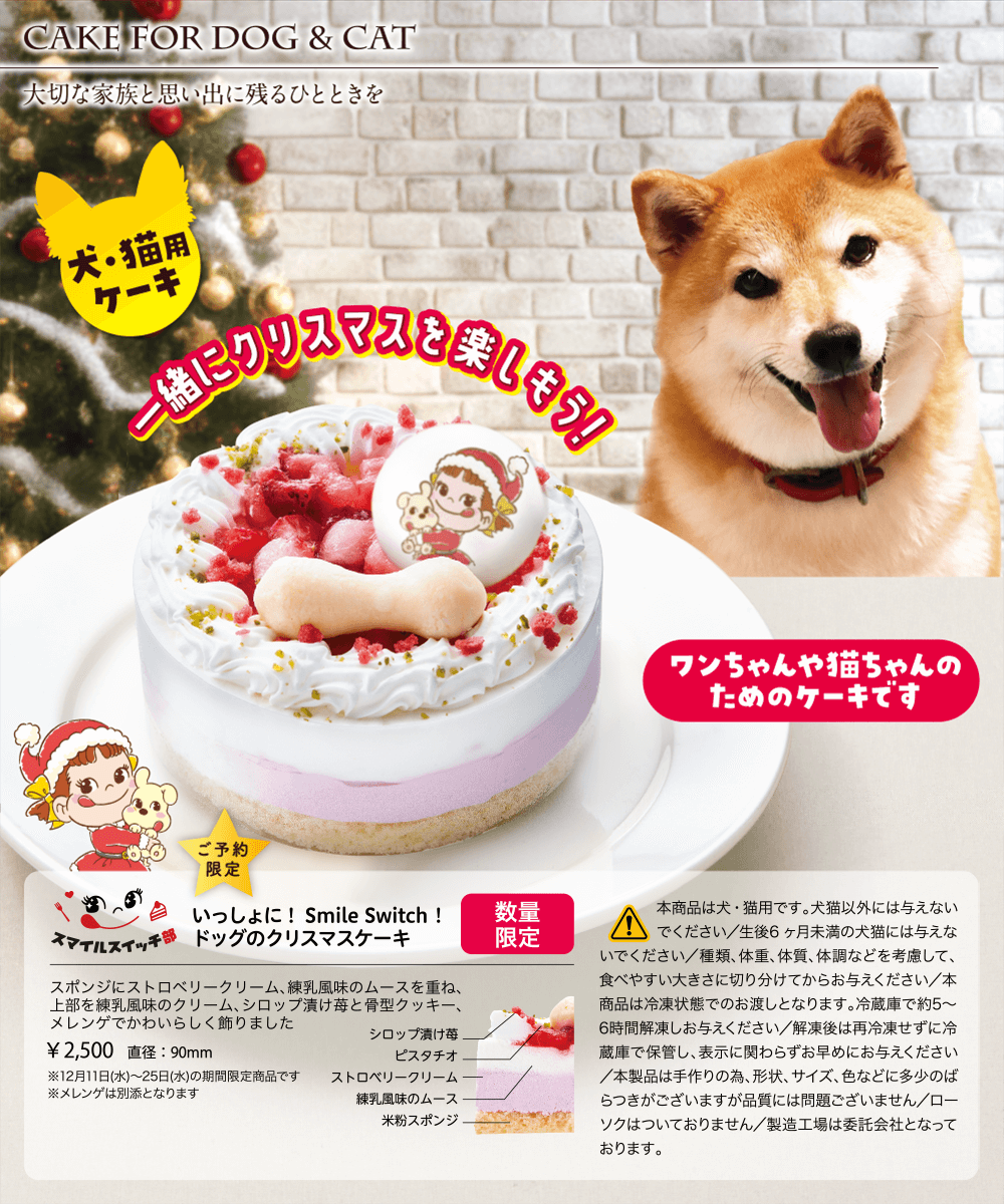 Cake for Dog & Cat 一緒にクリスマスを楽しもう! 犬・猫用ケーキ ご予約限定 ワンちゃんや猫ちゃんのためのケーキです 数量限定 いっしょに！ Smile Switch！ ドッグのブッシュ・ド・ノエル ストロベリームース、ストロベリーソースを練乳クリームで包み、苺シロップ漬けを華やかにトッピングしました ￥1,540 長さ：約75mm ※12月11日（月）～25日（月）の期間限定商品です ※クッキーは別添となります ・本商品は犬・猫用です。犬猫以外には与えないでください。・生後6ヶ月未満の犬猫には与えないでください。・種類、体重、体質、体調などを考慮して、食べやすい大きさに切り分けてからお与えください。・本商品は冷凍状態でのお渡しとなります。冷蔵庫で約5～6時間解凍しお与えください。・解凍後は再冷凍せずに冷蔵庫で保管し、表示に関わらずお早めにお与えください。・本製品は手作りの為、形状、サイズ、色などに多少のばらつきがございますが品質には問題ございません。・ローソクはついておりません。・製造工場は委託会社となっております。 スマイルスイッチ部 コラボ商品第5弾！！ ケーキが大好きなら誰でも入部できるスマイルスイッチ部。ある日、スマイルスイッチ部のもとにペコちゃんがやってきて「クリスマスは仲良しのドッグと一緒に楽しみたい！」と相談。ペコちゃんとドッグの想いをかなえたい。そんな想いから生まれた不二家初のペット向けケーキです