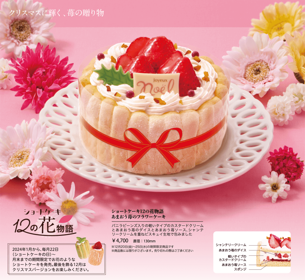 クリスマスに輝く、苺の贈り物 ショートケーキ12の花物語 2024年1月から、毎月22日（ショートケーキの日）〜月末までの期間限定でお花のようなショートケーキを発売。最後を飾る12月はクリスマスバージョンをお楽しみください。 ショートケーキ12の花物語 あまおう苺のフラワーケーキ バニラビーンズ入りの軽いタイプのカスタードクリームとあまおう苺のダイスとあまおう苺ソース、シャンテリークリームを重ねビスキュイ生地で包みました ￥4,700 直径:130mm ※12月20日(金)〜25日(水)の期間限定商品です ※商品数には限りがございます。売り切れの際はご了承ください