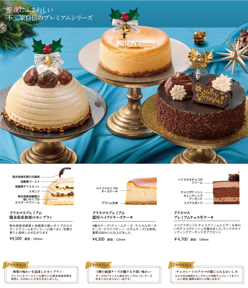 聖夜にふさわしい 不二家自信のプレミアムシリーズ クリスマスプレミアム熊本県産和栗のモンブラン 熊本県産球磨栗と球磨栗の軽いタイプのカスタードクリームをサンド。一口食べると、和栗の香りと美味しさが広がります ¥4,500 直径:145mm こだわりポイント -和栗の味わいを追求したモンブラン- サンドにもペーストにも飾りにも熊本県産和栗を使用し、そのおいしさを引き出しました。 クリスマスプレミアム濃厚ベイクドチーズケーキ 4種のチーズ（クリームチーズ・マスカルポーネチーズ・グラナパダーノ・エダムチーズ）を使用。濃厚な味わいに仕上げました ¥4,300 直径:125mm こだわりポイント -4種の厳選チーズが織りなす深い味わい- チーズのバランスと焼き方にこだわった、チーズ好きにはたまらない一品です。 クリスマスプレミアムチョコ生ケーキ ココアスポンジにチョコクリームとビターな味わいのチョコガナッシュを重ねました。サンドのキャンディングアーモンドがアクセント ￥4,700 直径:150mm こだわりポイント -チョコレートのアロマが感じられるおいしさ- カカオ豆の焙煎からこだわった特製チョコレートをクリームに使用。濃厚な味わいが愉しめます。