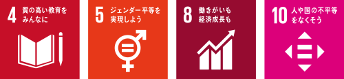 4 質の高い教育をみんなに 5 ジェンダー平等を実現しよう 8 働きがいも経済成長も 10 人や国の不平等をなくそう