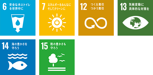 6 安全な水とトイレを世界中に 7 エネルギーをみんなにそしてクリーンに 12 つくる責任つかう責任 14 海の豊かさを守ろう 15 陸の豊かさも守ろう