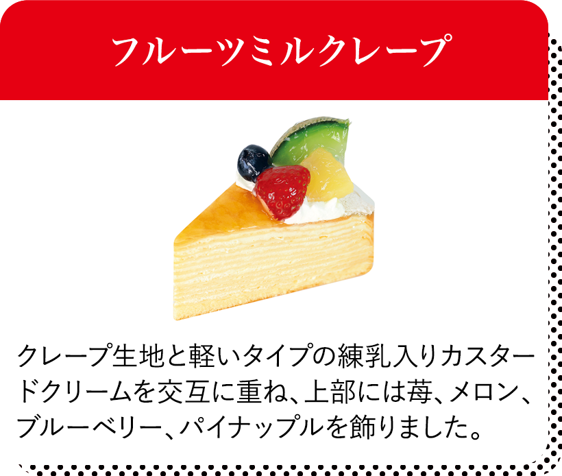 フルーツミルクレープ クレープ生地と軽いタイプの練乳入りカスタードクリーム を交互に重ね、上部には苺、メロン、ブルーベリー、パイナップルを飾りました。