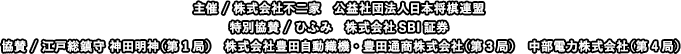 主催 / 株式会社不二家　公益社団法人日本将棋連盟特別協賛 / ひふみ　株式会社SBI証券協賛 / 江戸総鎮守 神田明神（第1局）　株式会社豊田自動織機・豊田通商株式会社（第3局）　中部電力株式会社（第4局）