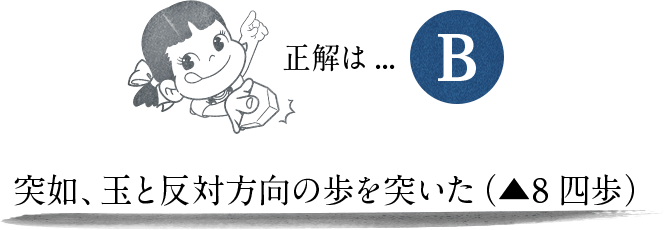 正解は…B 突如、玉と反対方向の歩を突いた（▲8四歩）