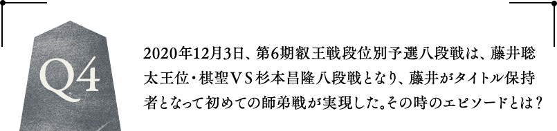 Q4 令和2年12月3日、第6期叡王戦段位別予選八段戦は、藤井聡太王位・棋聖VS杉本昌隆八段戦となり、藤井がタイトル保持者となって初めての師弟戦が実現した。その時のエピソードとは？