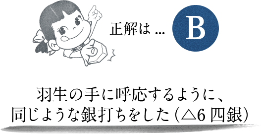 正解は…B 羽生の手に呼応するように、同じような銀打ちをした（△6四銀）