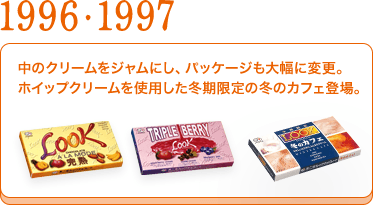 1996・1997	中のクリームをジャムにし、パッケージも大幅に変更。ホイップクリームを使用した冬期限定の冬のカフェ登場。